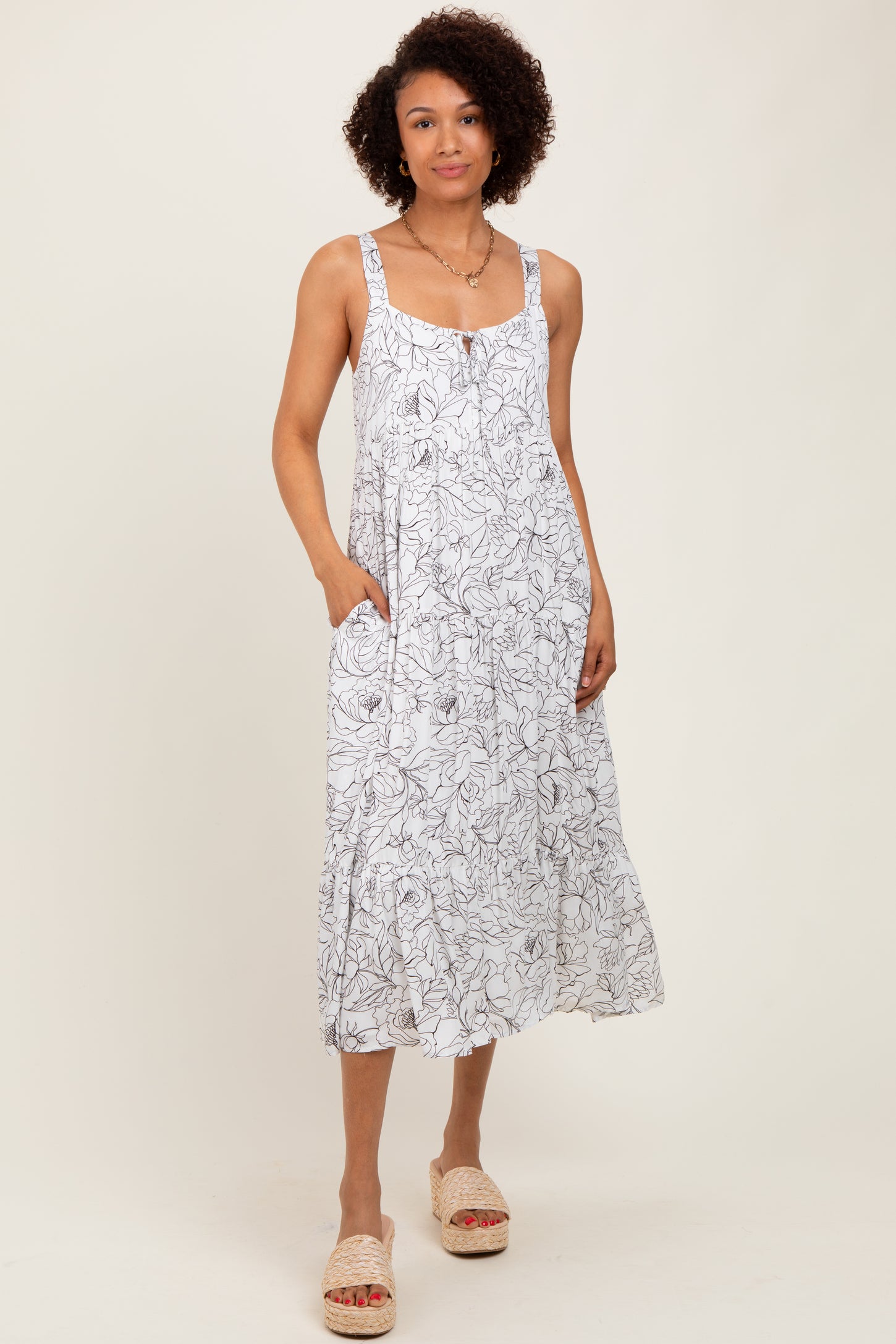 White Floral Outline Print Sleeveless Midi Dress