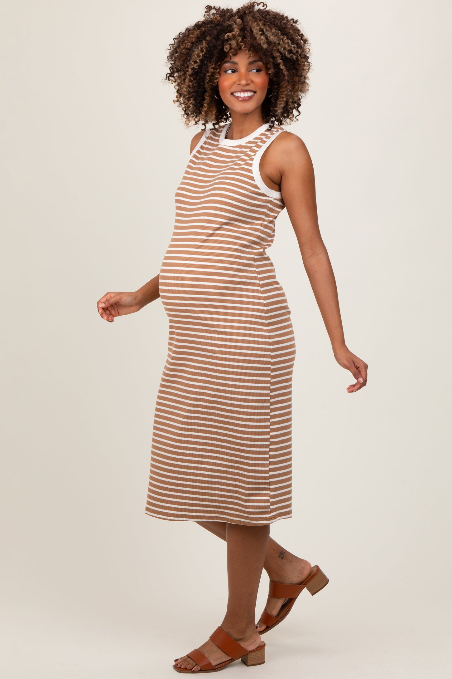 Mocha Striped Ribbed Knit Sleeveless Maternity Midi Dress
