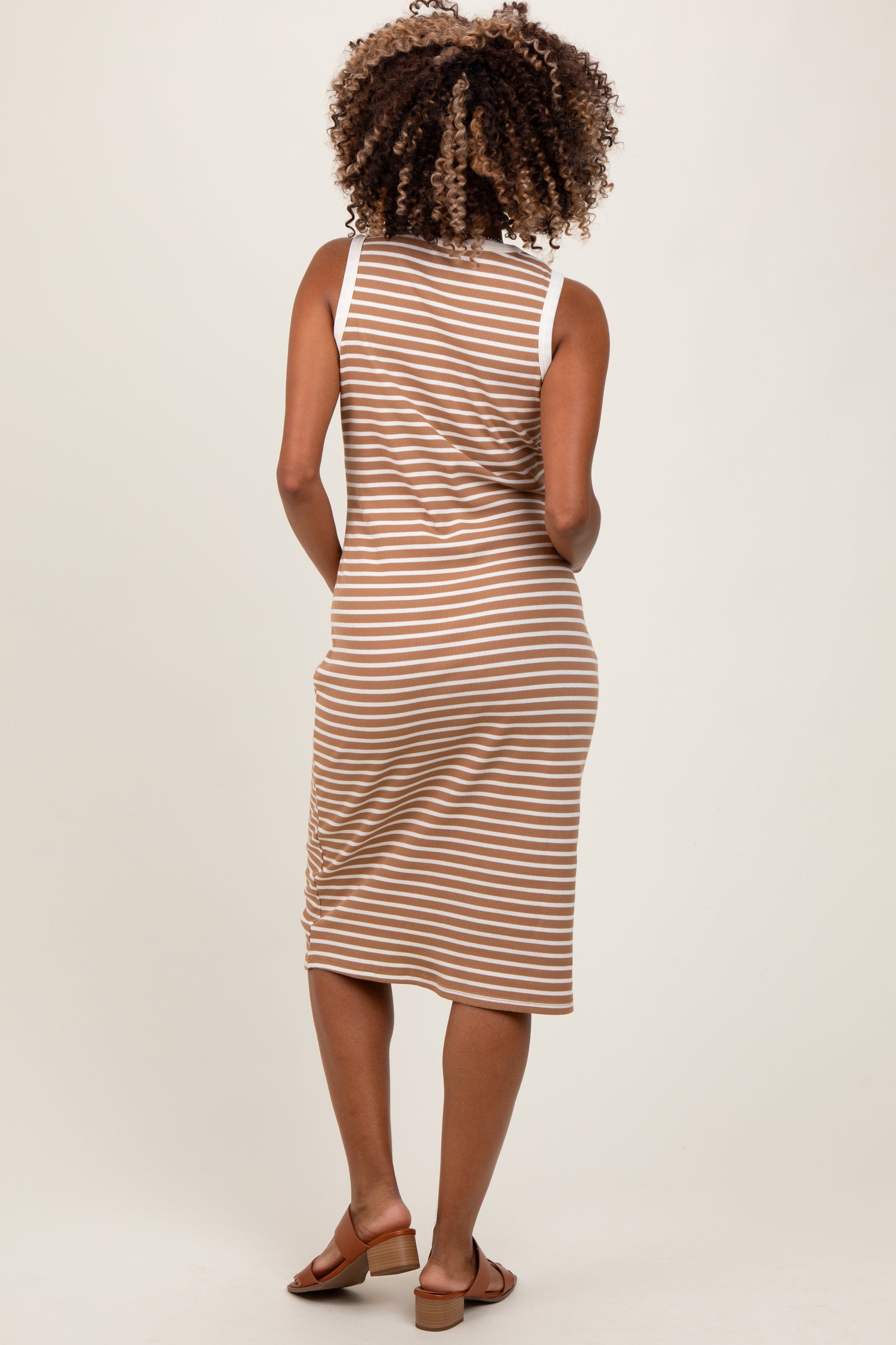 Mocha Striped Ribbed Knit Sleeveless Maternity Midi Dress