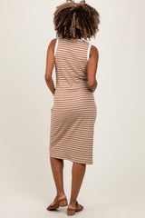 Mocha Striped Ribbed Knit Sleeveless Maternity Midi Dress