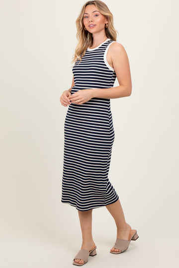 Navy Striped Ribbed Knit Sleeveless Midi Dress