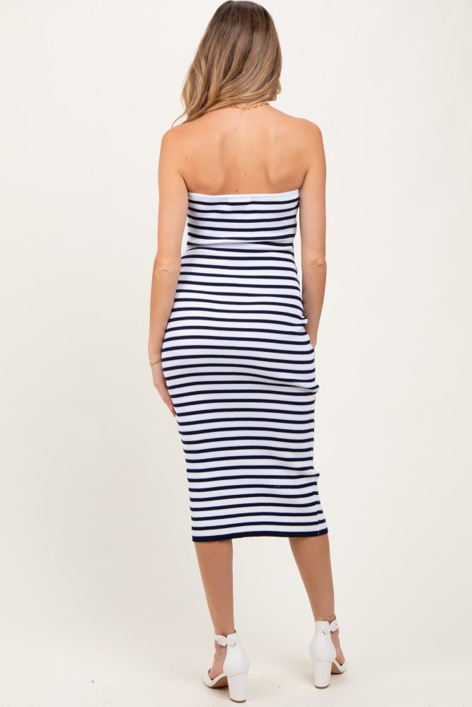 Navy Striped Knit Strapless Maternity Midi Dress