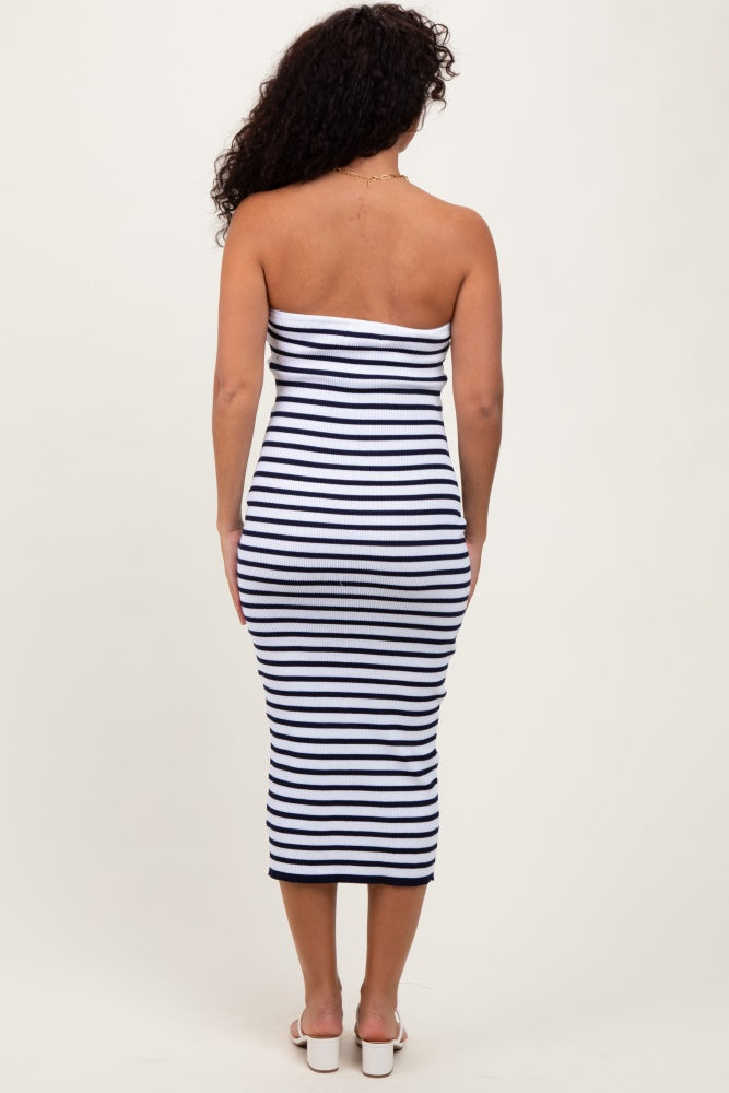 Navy Striped Knit Strapless Midi Dress