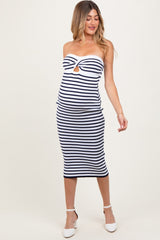 Navy Striped Knit Strapless Maternity Midi Dress