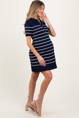Navy Striped Knit Collared Pleated Maternity Dress