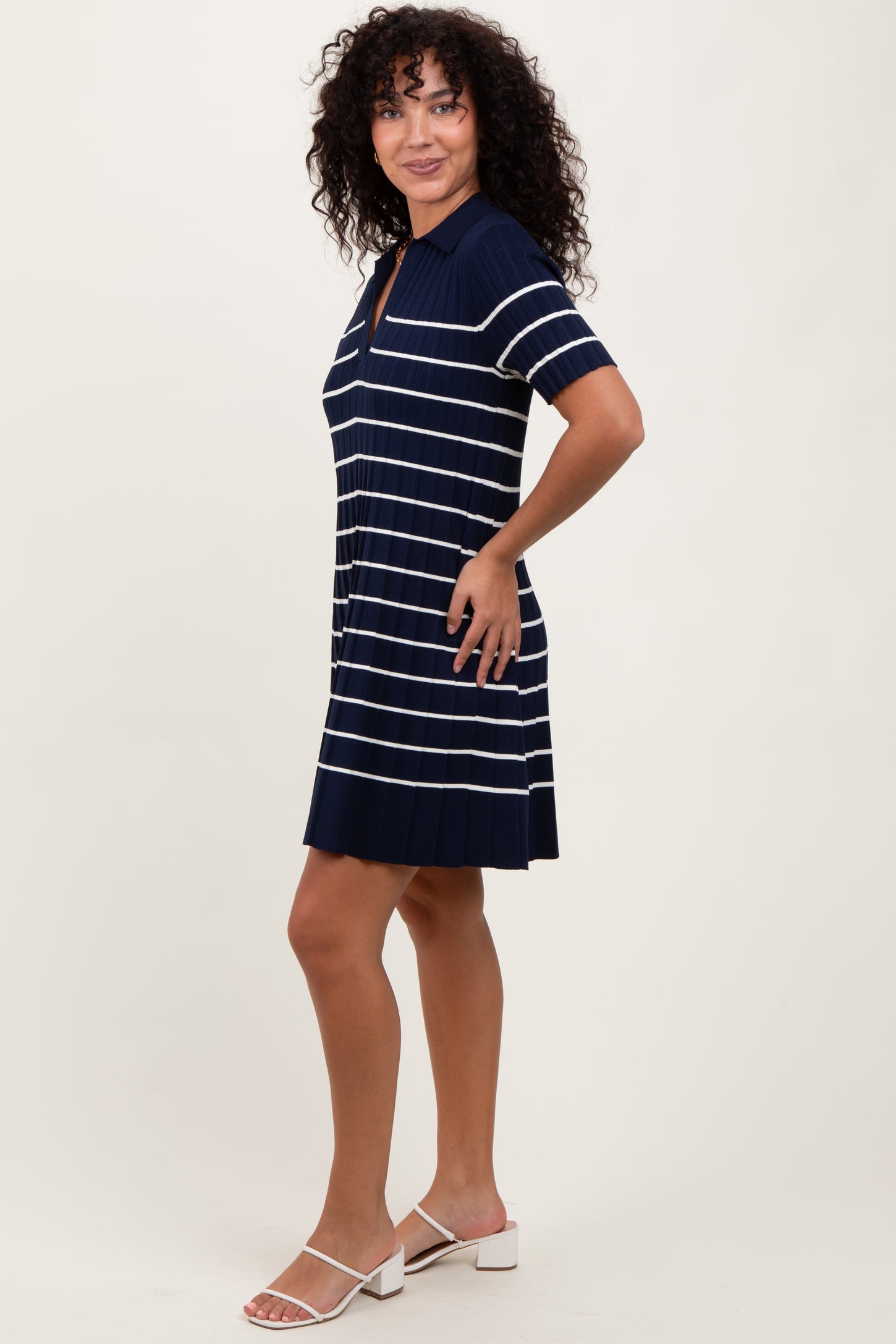 Navy Striped Knit Collared Pleated Dress
