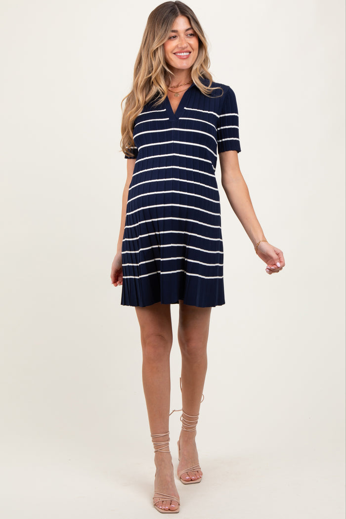 Navy Striped Knit Collared Pleated Maternity Dress