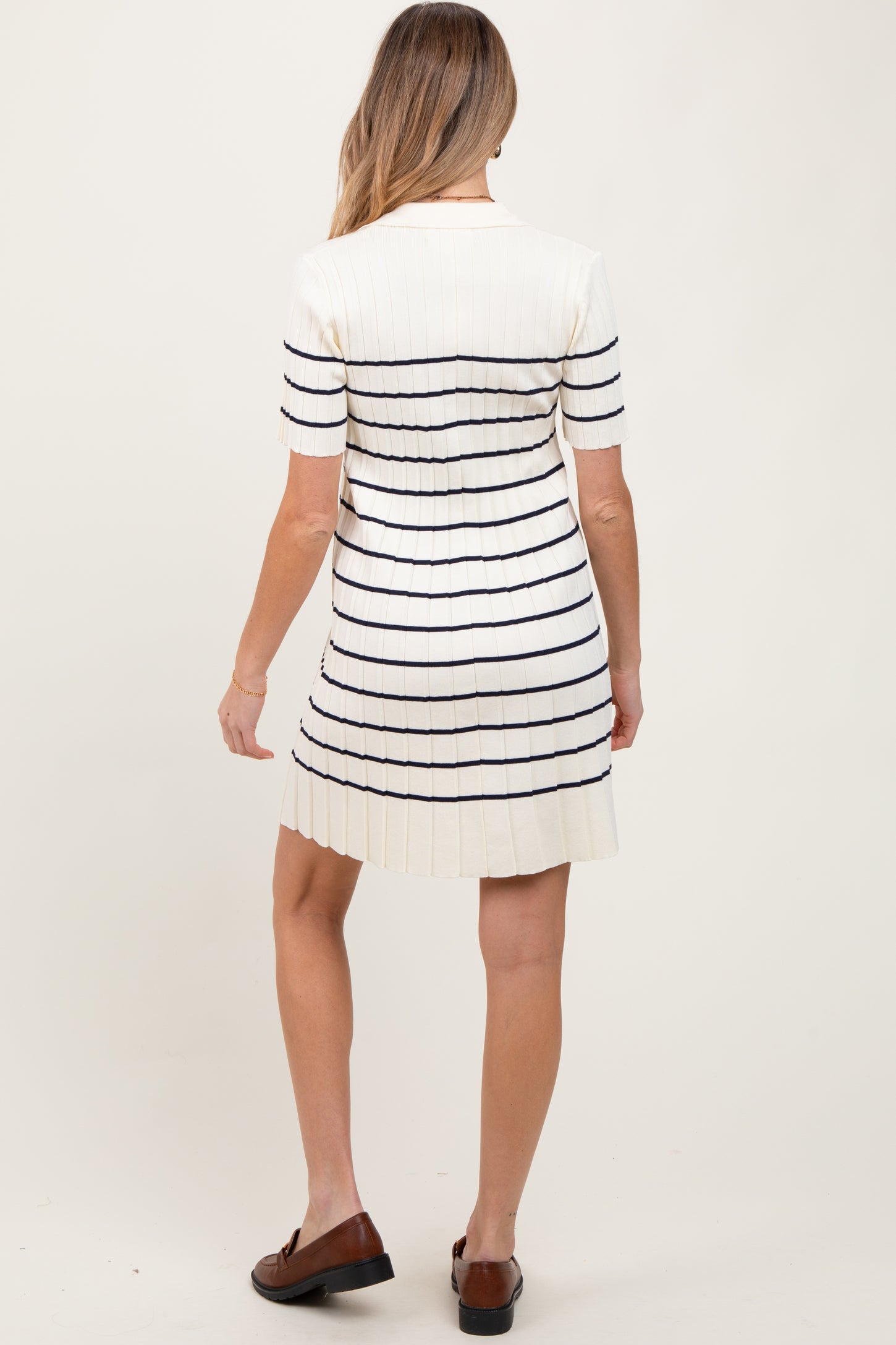 White Striped Knit Collared Pleated Maternity Dress