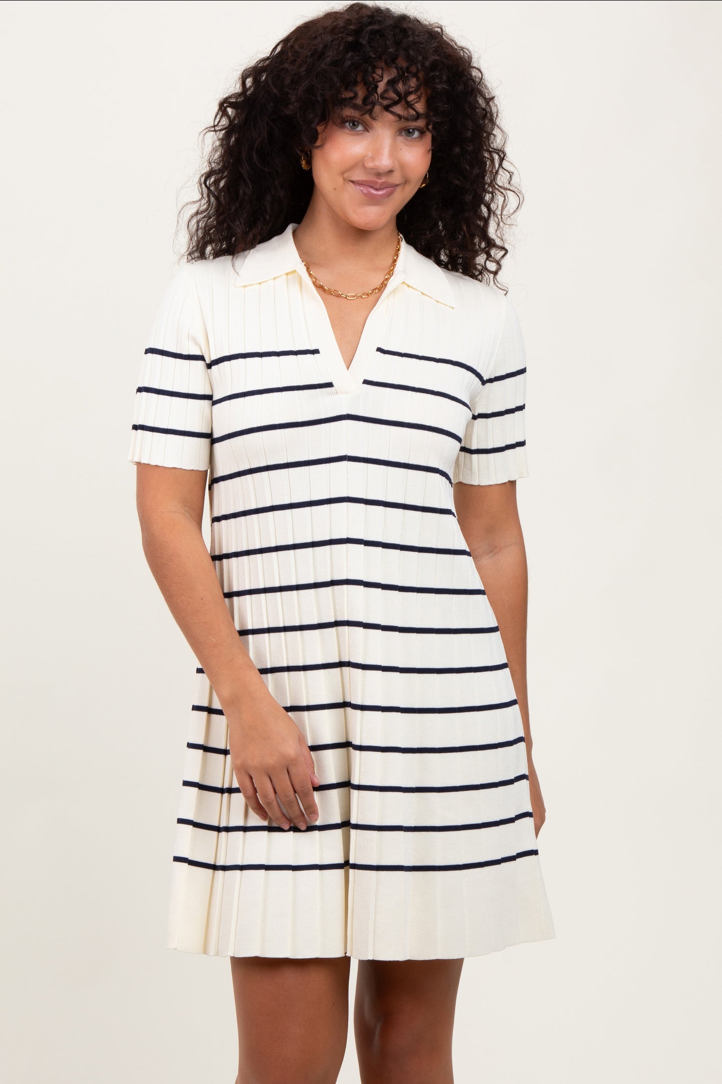 White Striped Knit Collared Pleated Maternity Dress