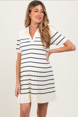 White Striped Knit Collared Pleated Maternity Dress