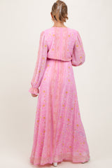 Pink Paisley Deep V-Neck Long Sleeve Maternity Maxi Dress