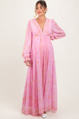 Pink Paisley Deep V-Neck Long Sleeve Maternity Maxi Dress