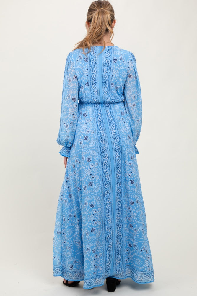 Light Blue Paisley Deep V-Neck Long Sleeve Maternity Maxi Dress