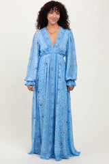 Light Blue Paisley Deep V-Neck Long Sleeve Maxi Dress