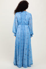 Light Blue Paisley Deep V-Neck Long Sleeve Maxi Dress