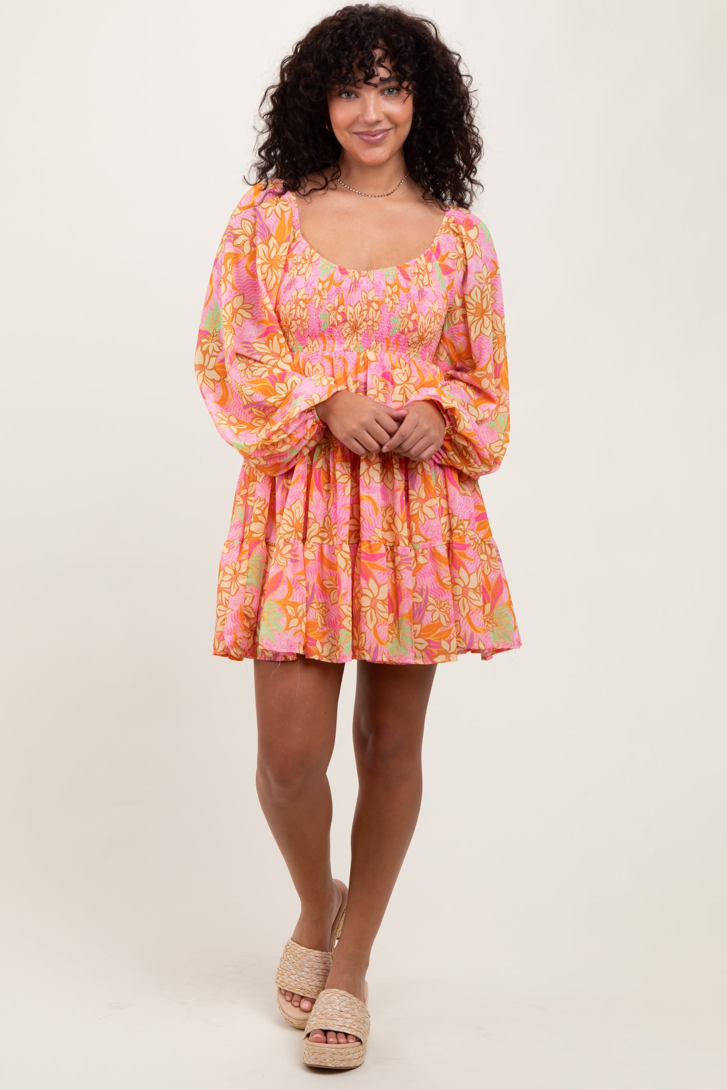 Pink Floral Smocked Bubble Sleeve Dress