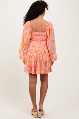 Pink Floral Smocked Bubble Sleeve Dress