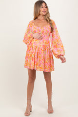 Pink Floral Smocked Bubble Sleeve Maternity Dress