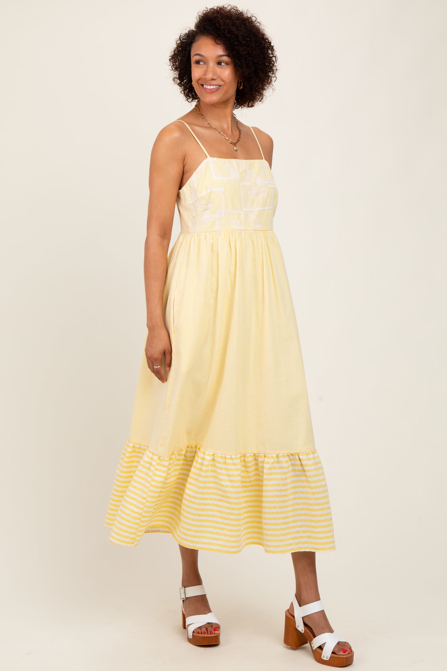 Yellow Embroidered Striped Colorblock Midi Dress