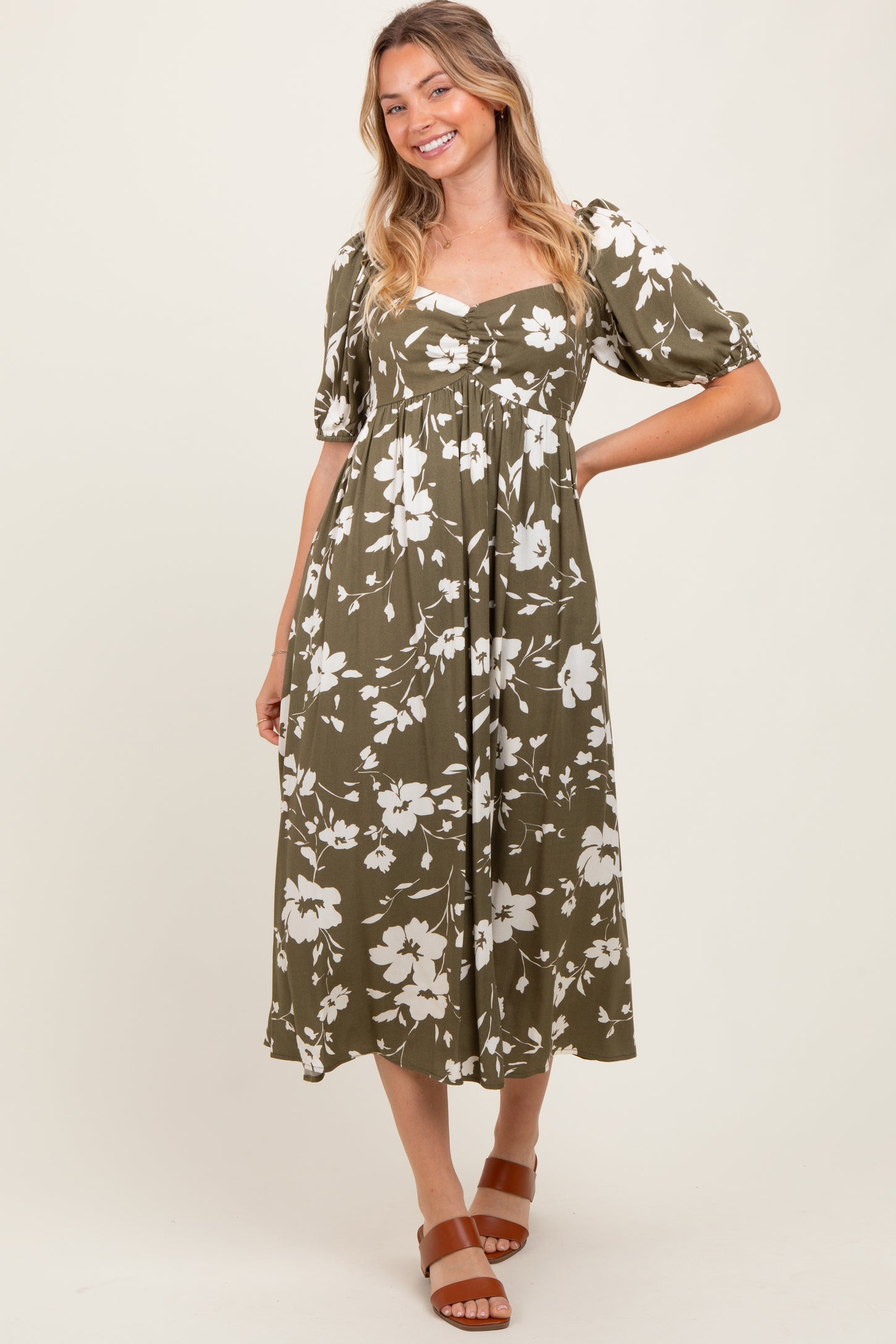 Olive Floral Sweetheart Neckline Midi Dress