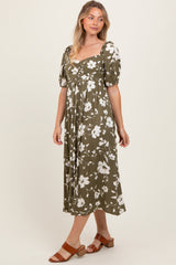 Olive Floral Sweetheart Neckline Midi Dress
