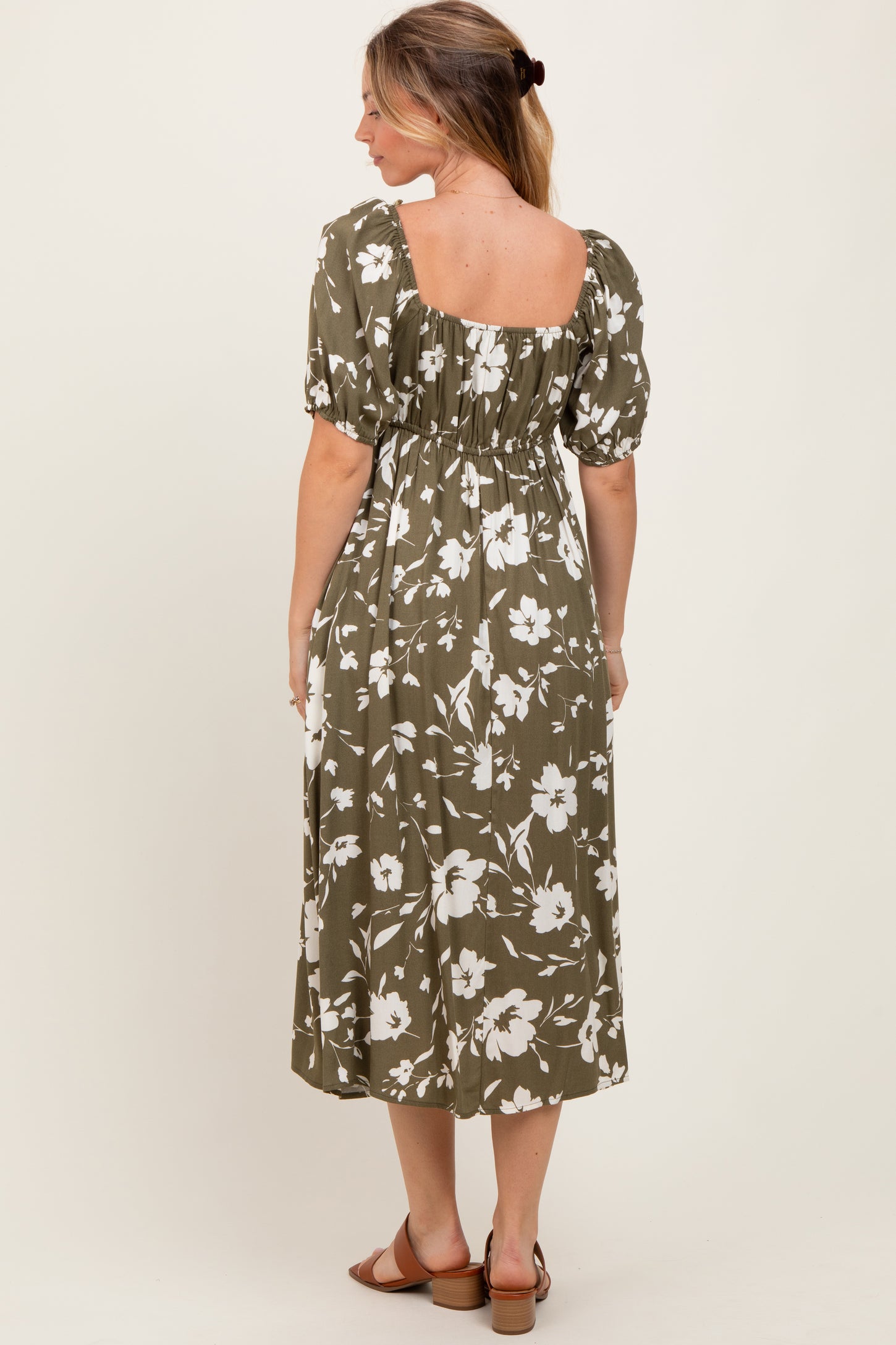 Olive Floral Sweetheart Neckline Midi Dress