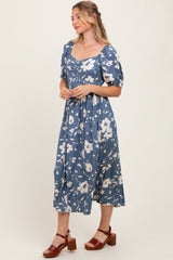 Light Navy Floral Sweetheart Neckline Midi Dress