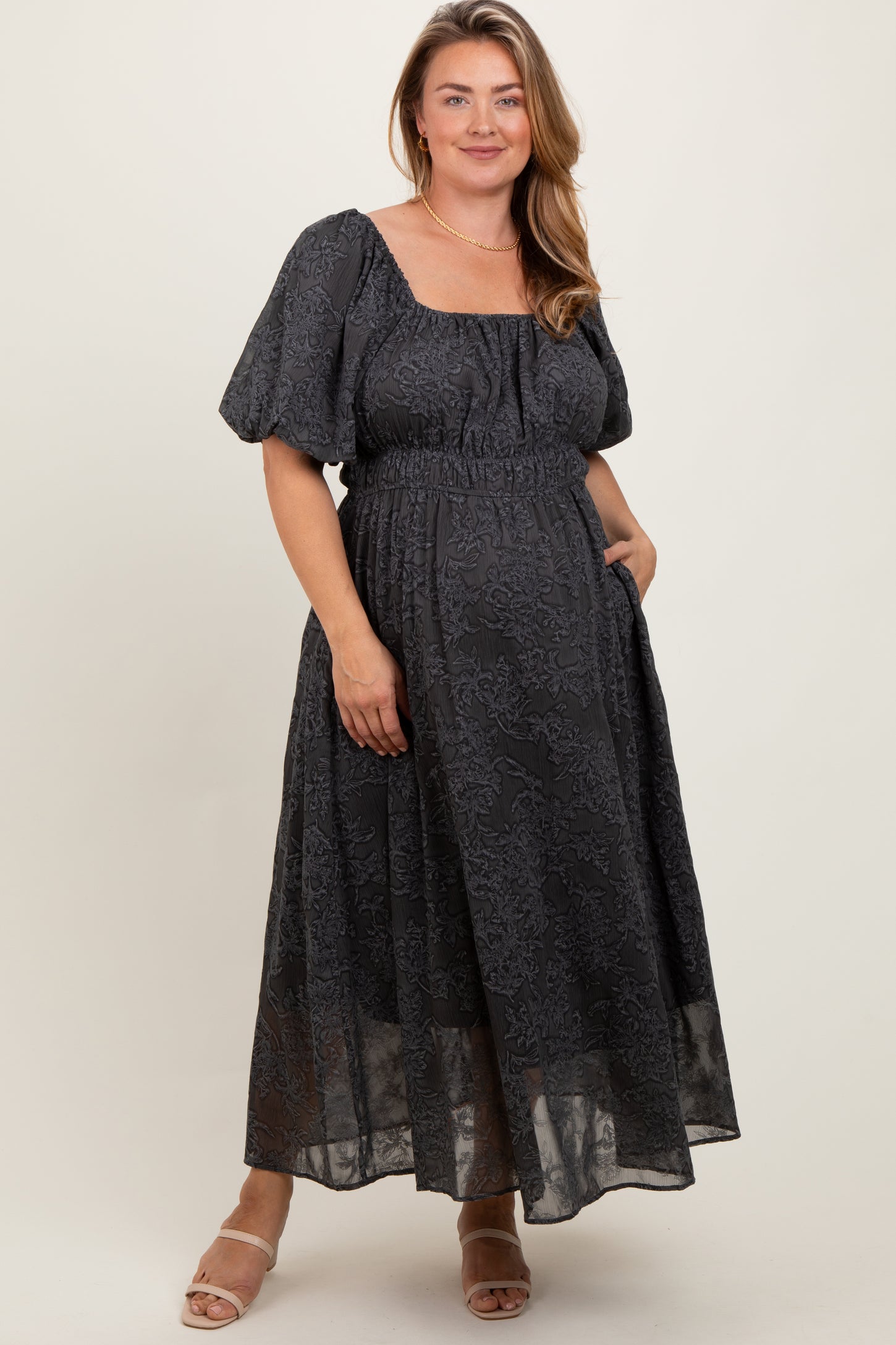 Charcoal Floral Square Neck Bubble Sleeve Maternity Plus Midi Dress