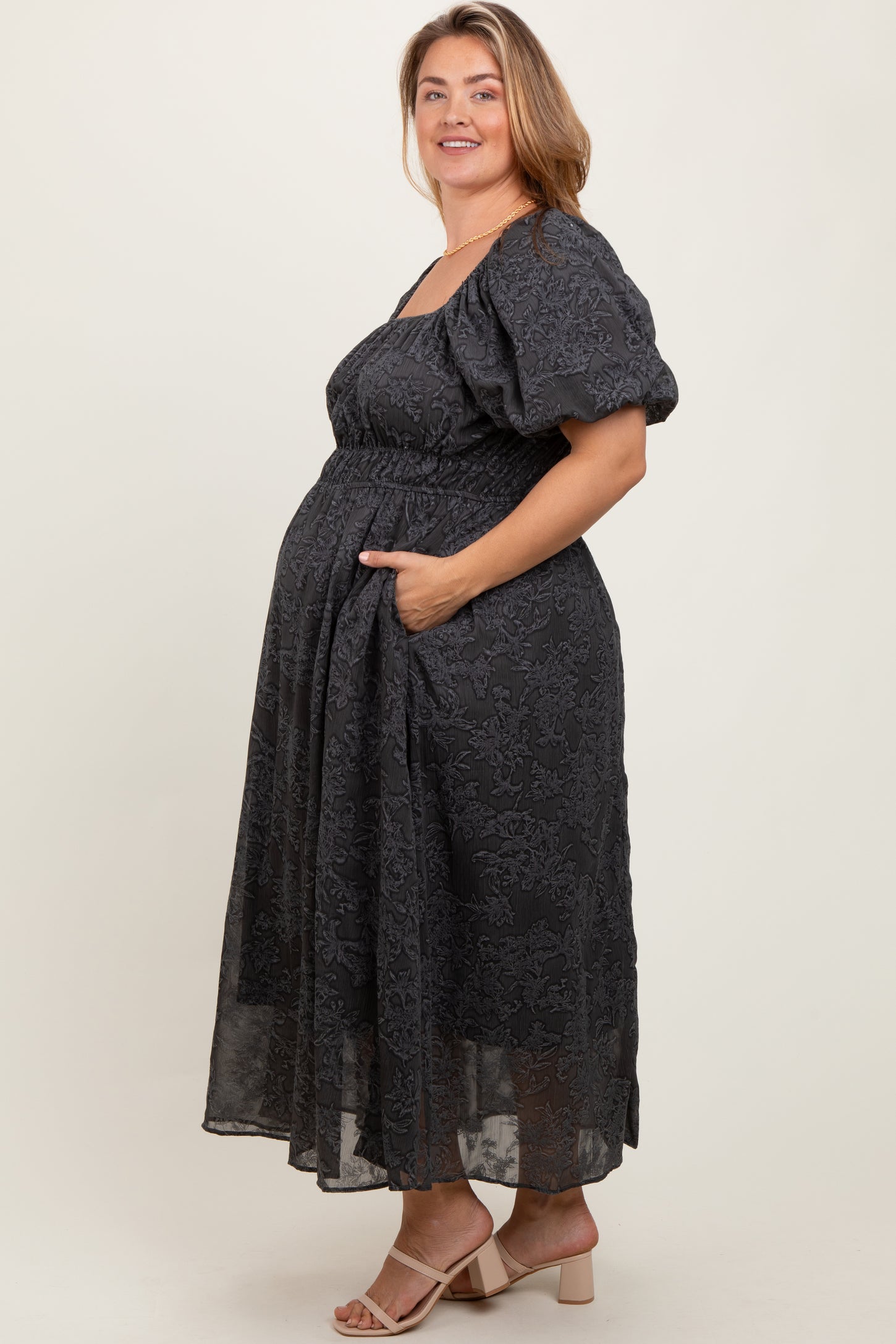 Charcoal Floral Square Neck Bubble Sleeve Maternity Plus Midi Dress
