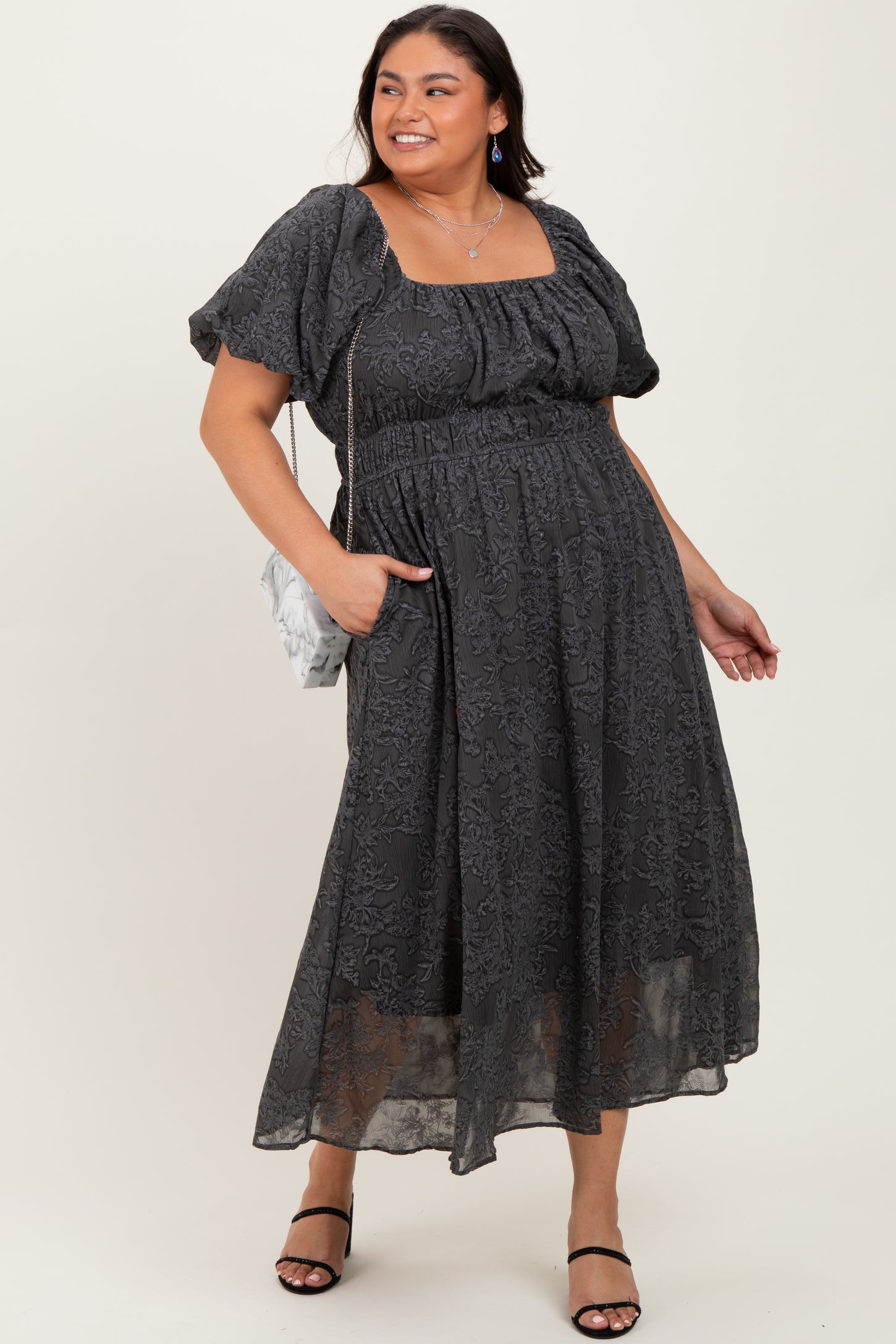 Charcoal Floral Square Neck Bubble Sleeve Plus Midi Dress