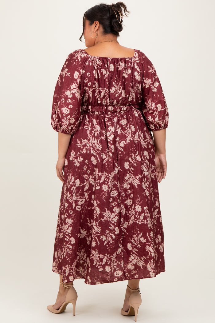 Burgundy Floral Textured Plus Midi Dress