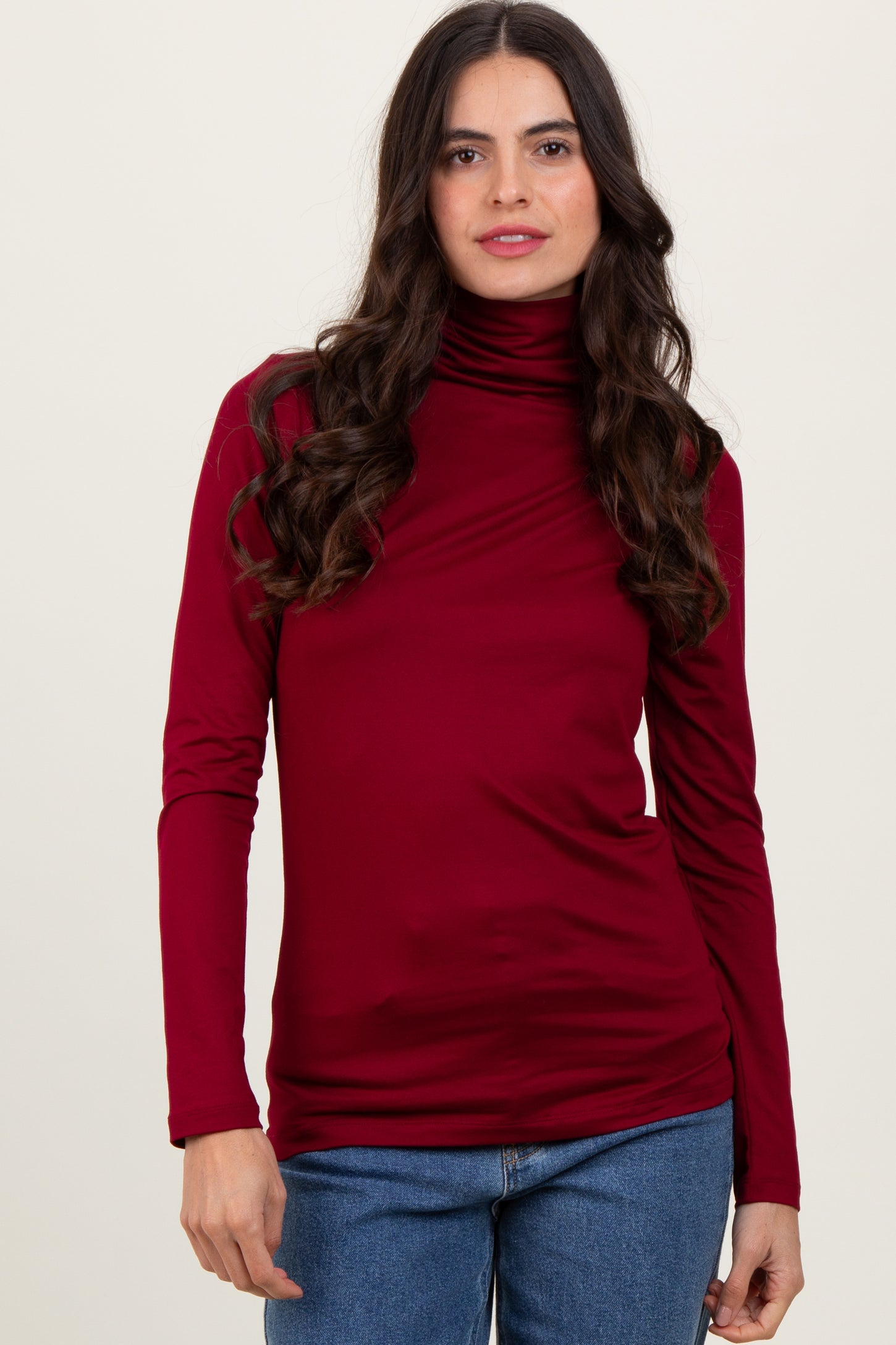Burgundy Brushed Knit Basic Turtleneck Maternity Top