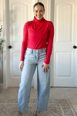 Red Brushed Knit Basic Turtleneck Top