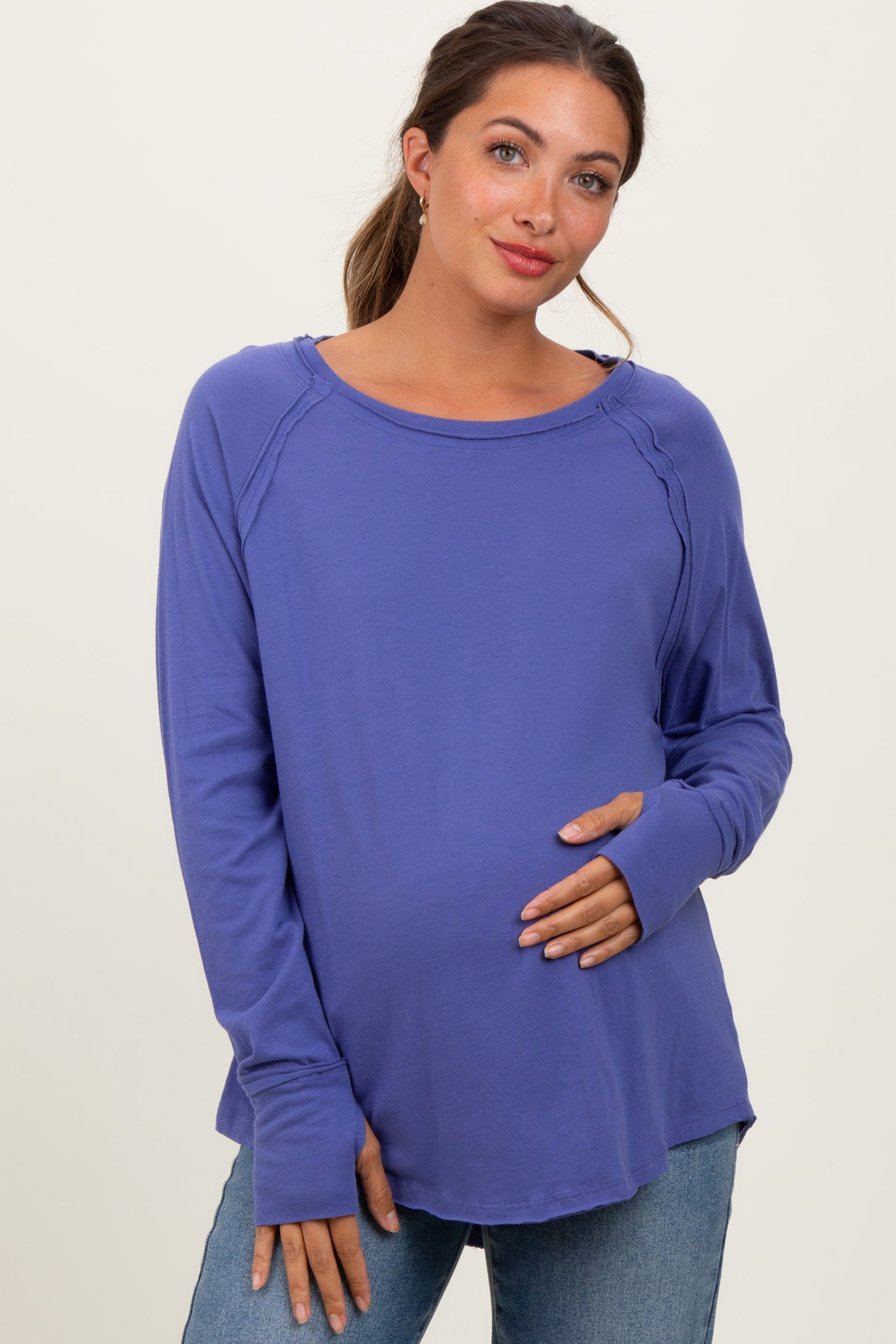 Periwinkle Exposed Seam Long Sleeve Maternity Top