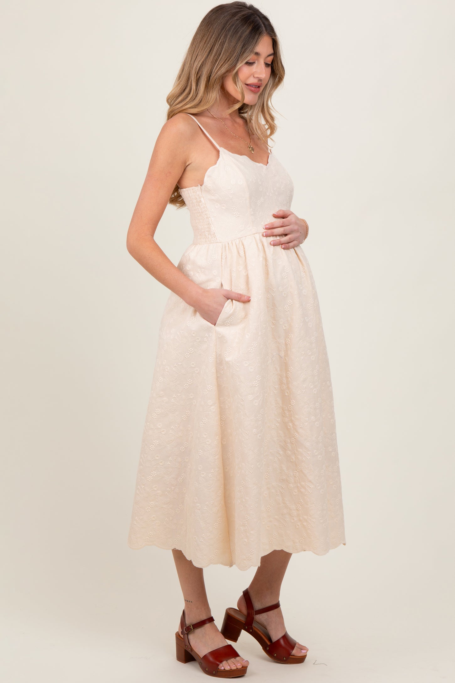 Cream Floral Embroidered Scallop Detail Maternity Midi Dress