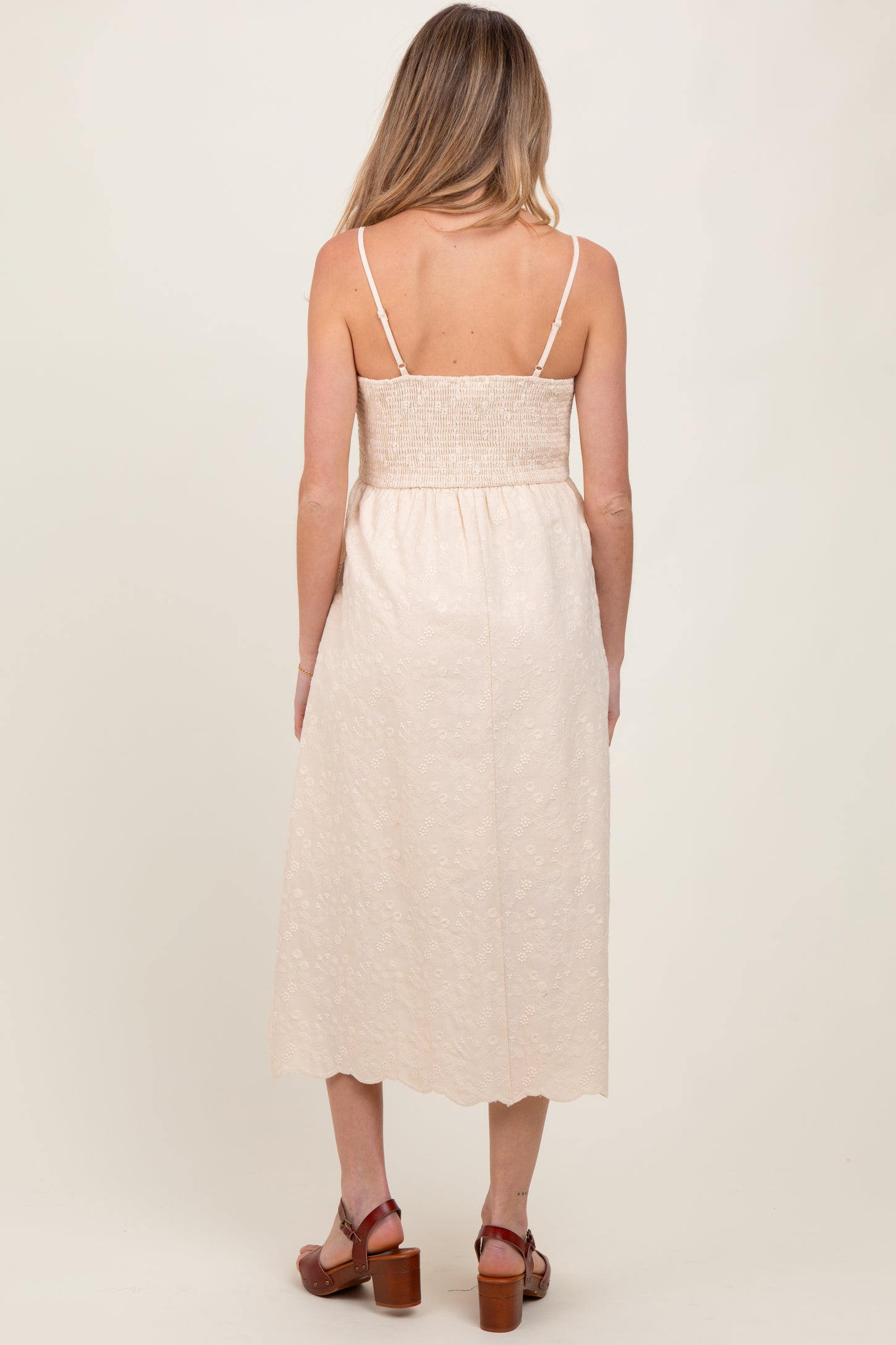 Cream Floral Embroidered Scallop Detail Maternity Midi Dress