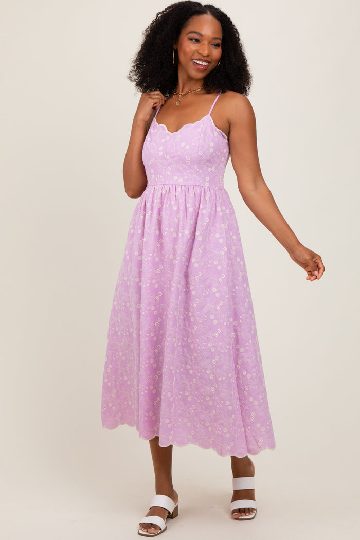 Lavender Floral Embroidered Scallop Detail Maternity Midi Dress