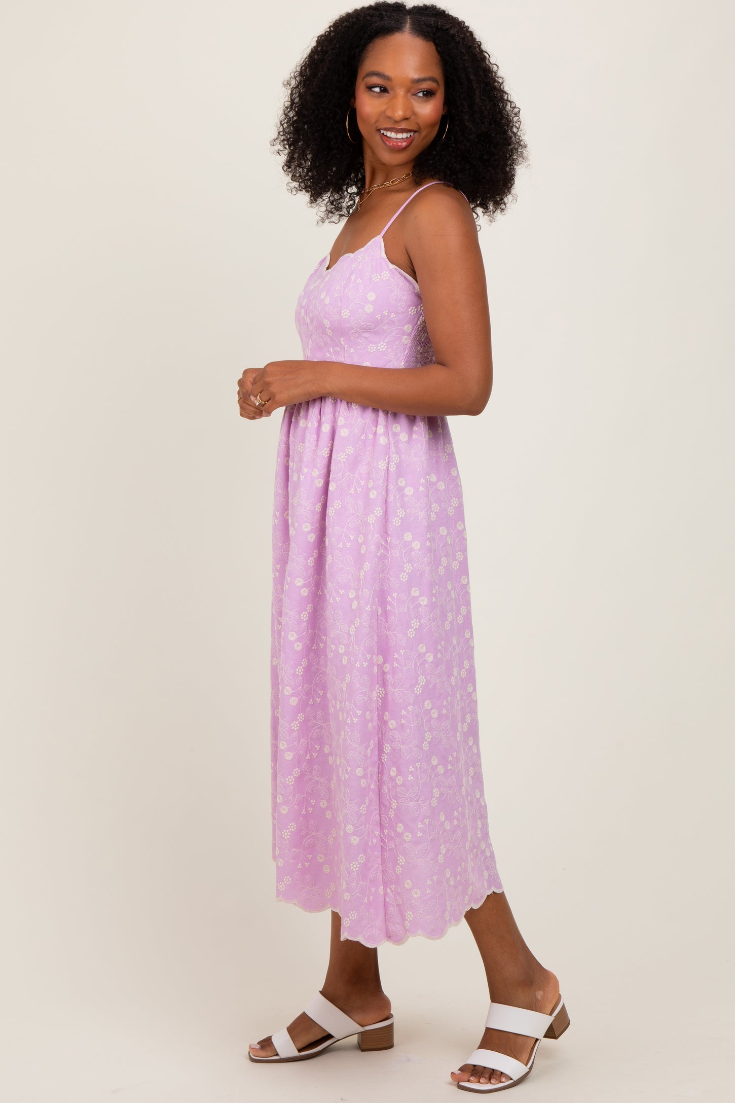 Lavender Floral Embroidered Scallop Detail Midi Dress