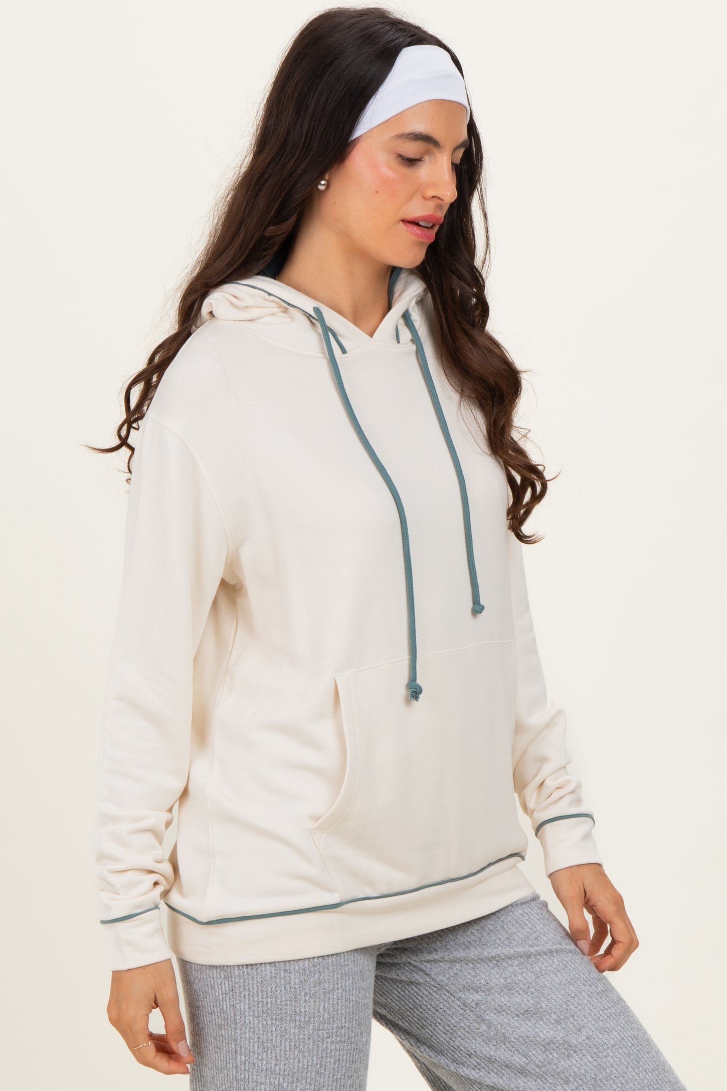 Cream Light Olive Contrast Drawstring Maternity Hoodie