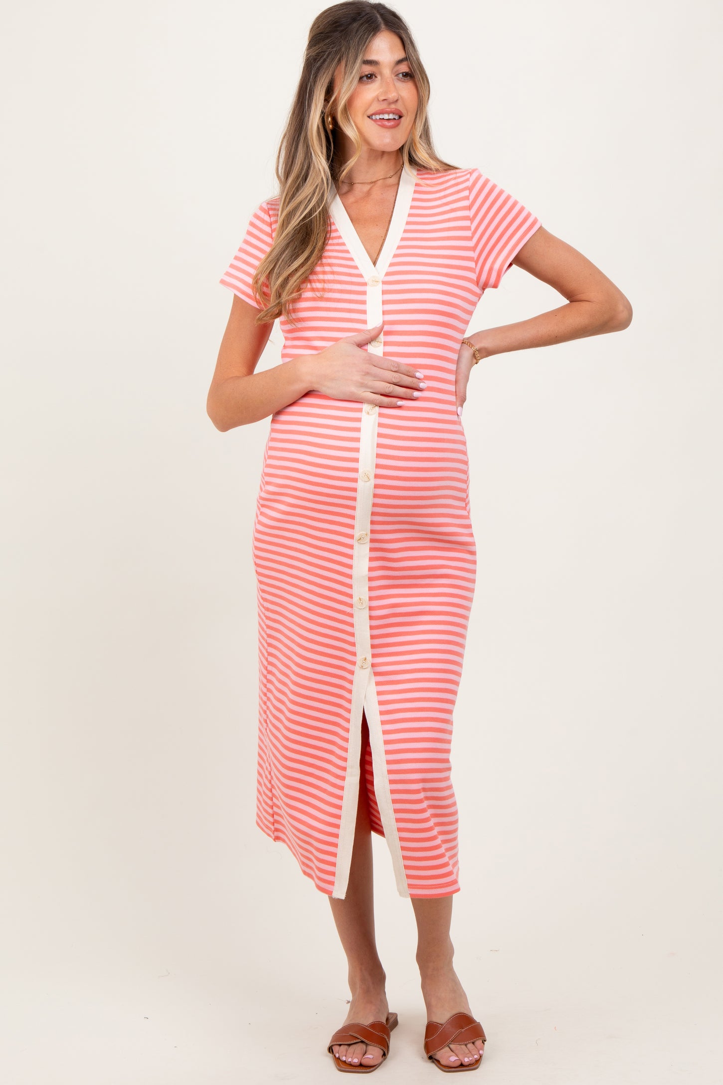 Pink Striped Button Down Maternity Midi Dress