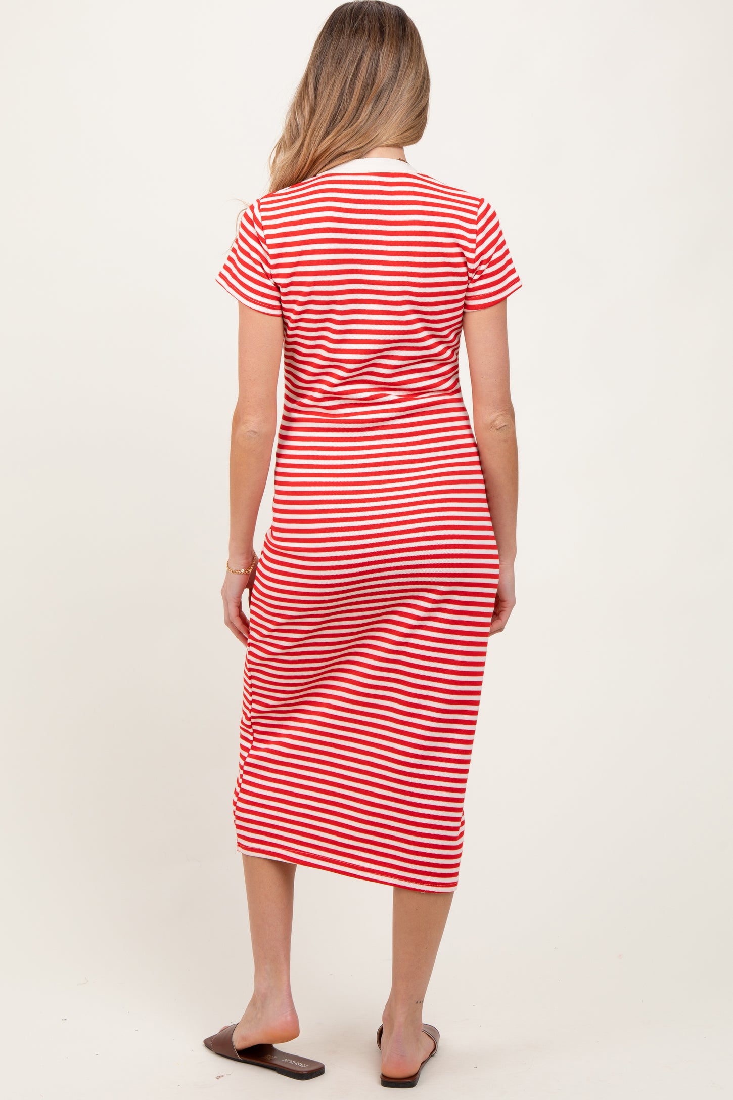 Red Striped Button Down Maternity Midi Dress