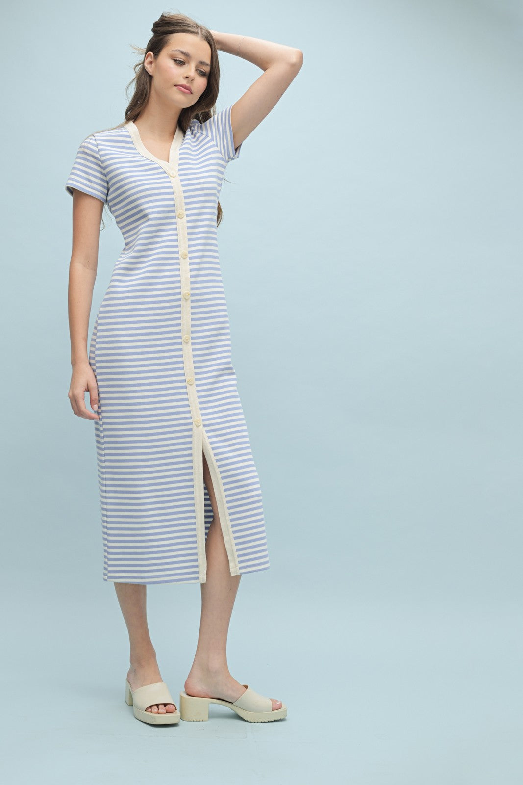 Light Blue Striped Button Down Midi Dress
