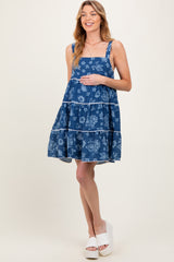 Navy Blue Floral Tiered Maternity Mini Dress