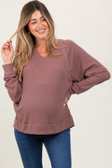Mocha Oversized V-Neck Waffle Knit Maternity Long Sleeve Top