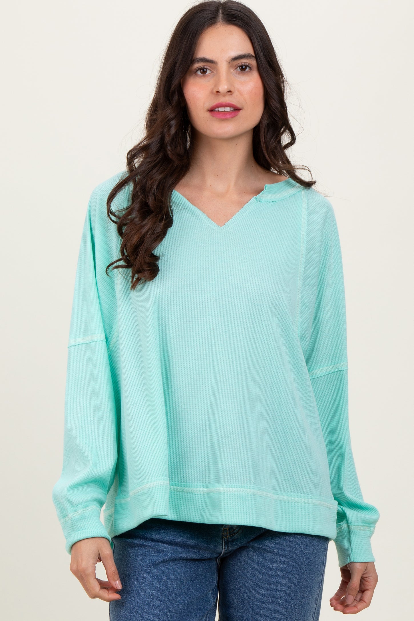Mint Oversized V-Neck Waffle Knit Maternity Long Sleeve Top