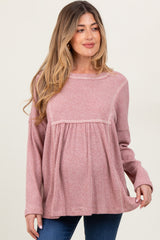 Mauve Ribbed Brushed Knit Oversized Long Sleeve Maternity Top