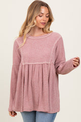 Mauve Ribbed Brushed Knit Oversized Long Sleeve Maternity Top