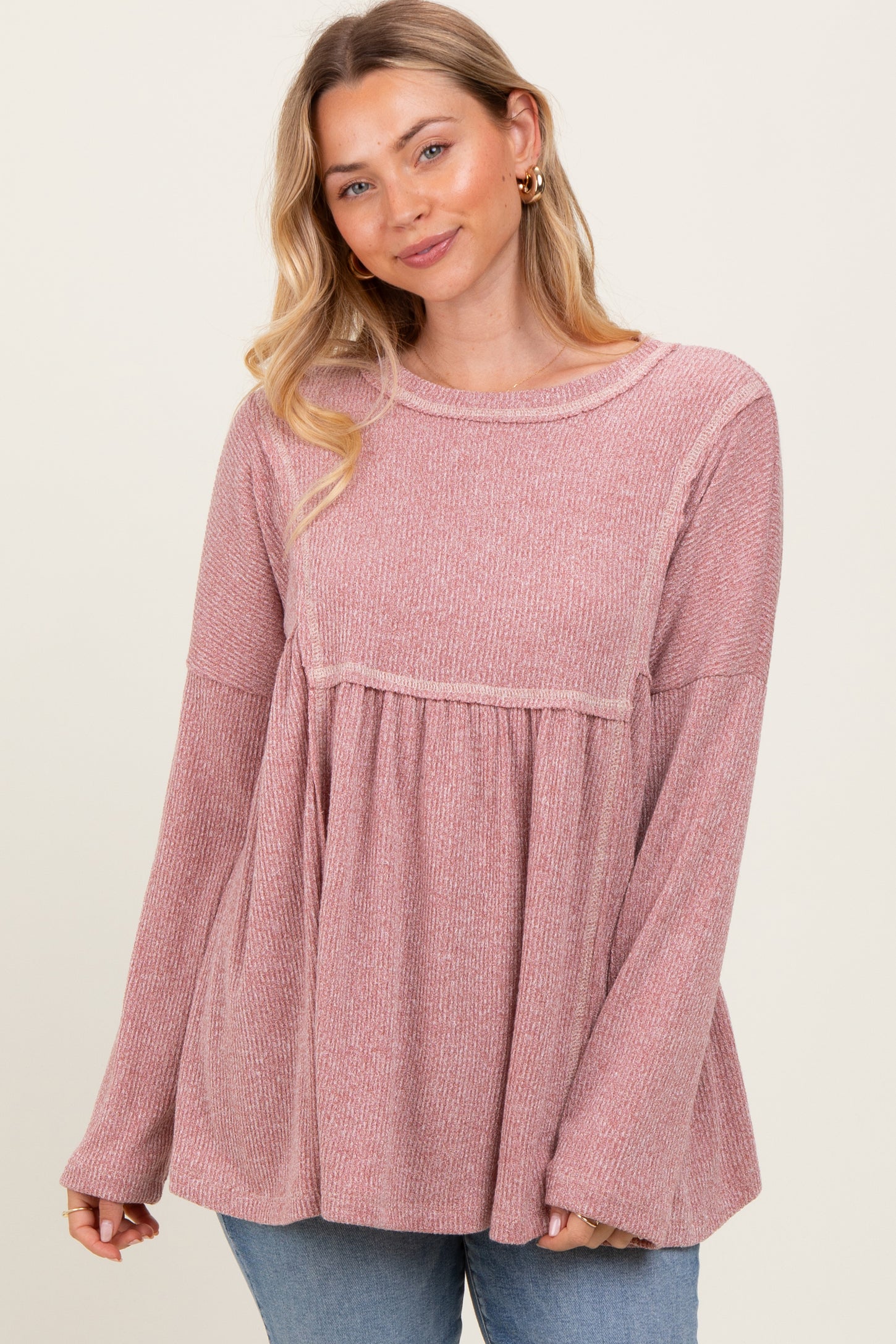 Mauve Ribbed Brushed Knit Oversized Long Sleeve Top