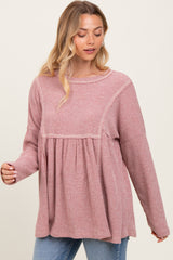Mauve Ribbed Brushed Knit Oversized Long Sleeve Top