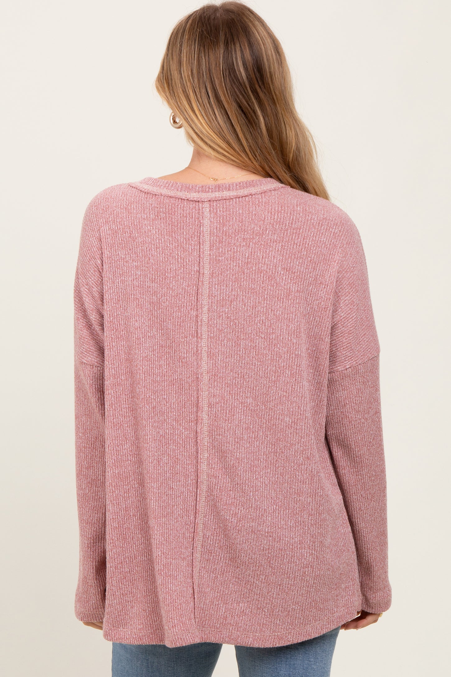 Mauve Ribbed Brushed Knit Oversized Long Sleeve Top